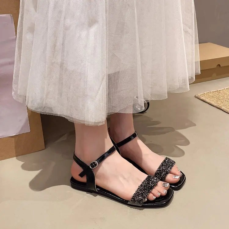 Luxury Crystal Square Toe Sandals Elegant Peep Toe Flat Slides Summer Fashionable Beach Shoes for Women