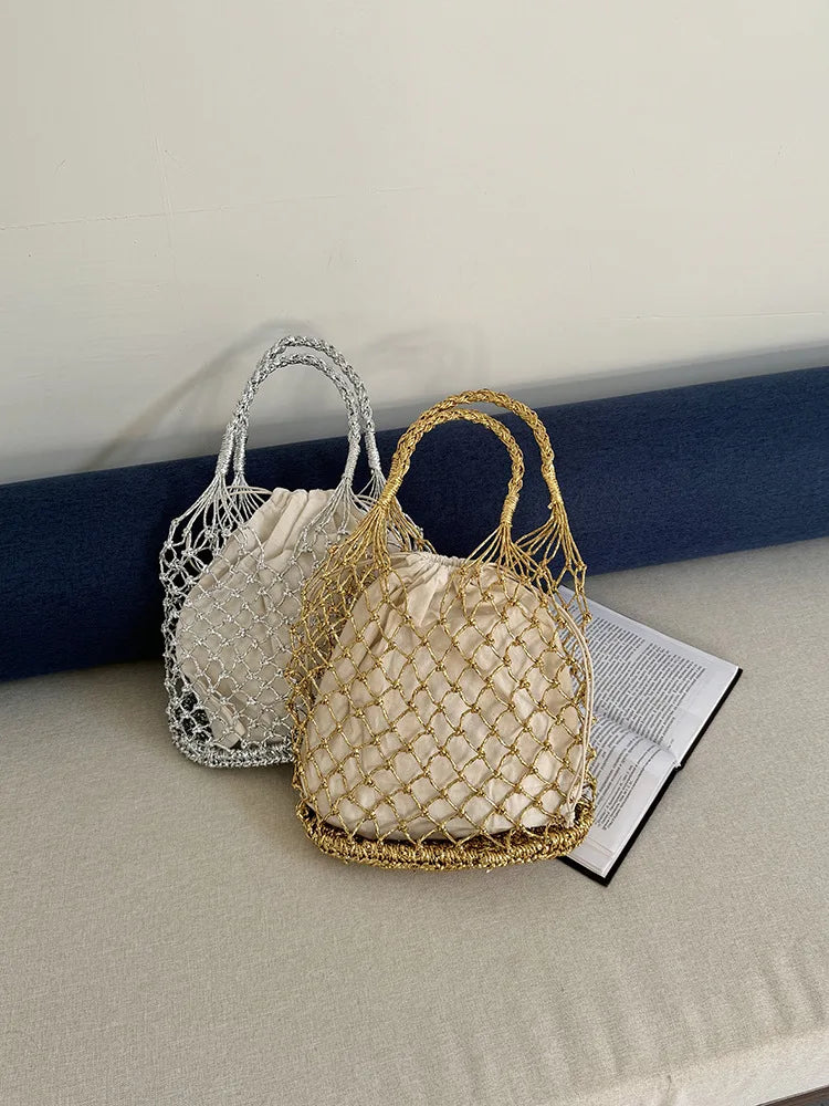 Hylhexyr Ins New Solid Color Gold and Silver Thread Handmade Weaving Bag Bucket Shaped Fashion Handbag Beach Bags