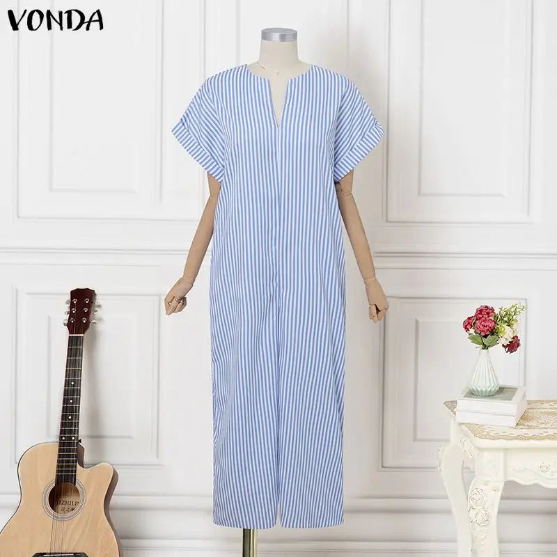 Plus Size VONDA Women Jumpsuits Summer Fashion Short Sleeve Stripe Jumpsuits Wide Leg Pants V Neck OL Party Overalls Playsuits