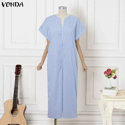 Plus Size VONDA Women Jumpsuits Summer Fashion Short Sleeve Stripe Jumpsuits Wide Leg Pants V Neck OL Party Overalls Playsuits
