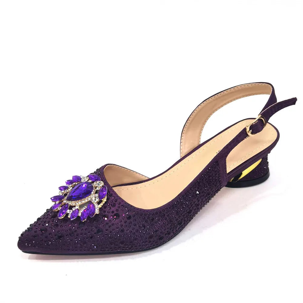 Purple 2024 Italian Design Girly Style Opend Toe Shoes And Bag Full Diamond Decoration with Appliques for Wedding Party