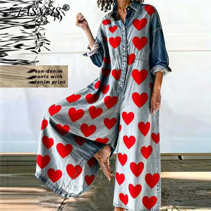 Red Heart Print Wide Leg Jumpsuits Woman Turn-down Collar Button Shirt Rompers Spring Long Sleeve Loose Imitation Denim Overalls