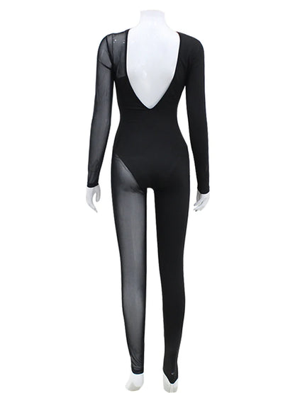 AHAgaga Winter Sexy See Through Mesh Rompers Women Jumpsuits Fashion O-Neck Zipper Skinny Slim Jumpsuit Woman Midnight Overalls
