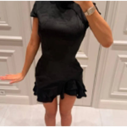 Elegant Satin Irregular Ruffle Hem Mini Dress Women Solid Stand Collar Short Sleeve Slim Dressess 2026 Lady Party Evening Gown