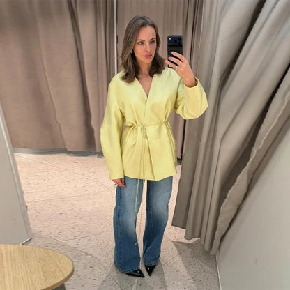 Elegant Women's Lace Up Shirt Pant Sets 2026 Summer V-neck Long Sleeve Top High Waist Loose Wide Leg Pant Two Piece Set Women