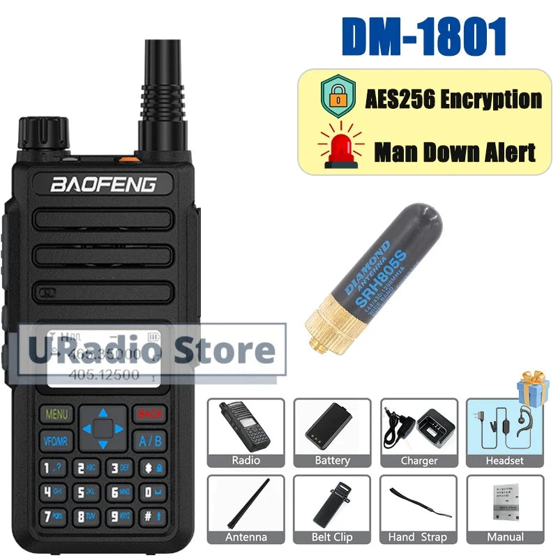 Baofeng DM-1801 DMR Digital Walkie Talkie Radio AES256 Man Down Seamless Roaming SMS Customizable Side Button Dual Band DR-1801