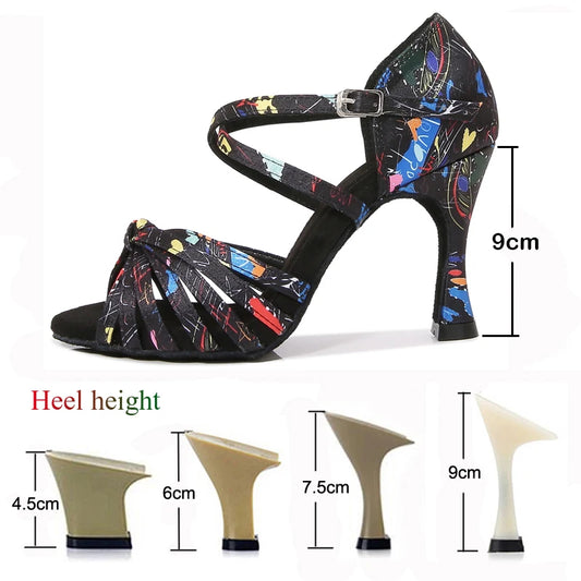 Latin Dance Shoes Women's Flower Satin Salsa Tango Ballroom Party High Heel Women's Shoes Summer Dance Sneakers Outdoor Sandals