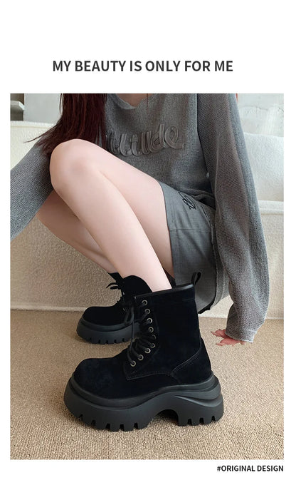 Comemore Platform Lace Up Ankle Boots Retro British Style Chunky Heeled Suede Leather Shoes for Women Solid Short Work Botas