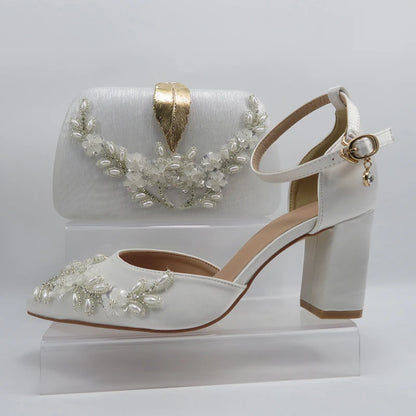 2024 White Pearl wedding shoes with matching bags High heels Pointed Toe Ankle Strap Ladies Party shoe and bag set Pearl Shoe
