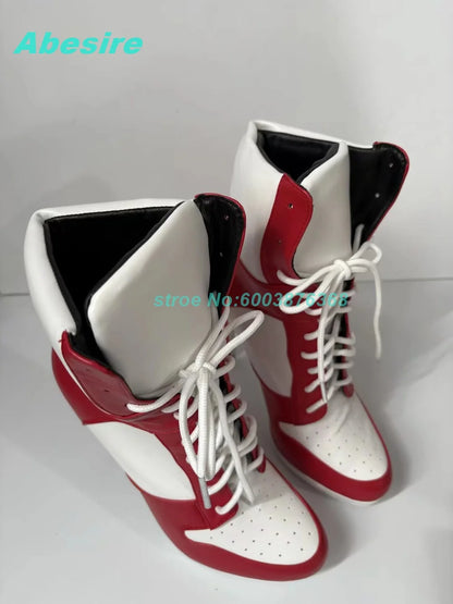 Mixed-Color Air Mesh Cross-Tied Ankle Boots Round Toe Thin Heels Platform Shoes for Women Casual Concise Daily Comfortable Shoes