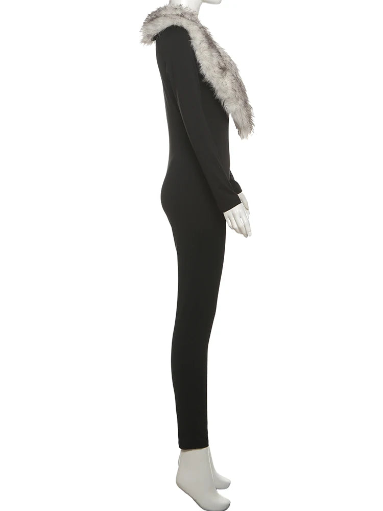 Kliou Sexy Fashion Junpsuits Woman Furry Patchwork Low-Neck Full Sleeve Skinny Peach Hip Midnight Club Party Hipster Overalls
