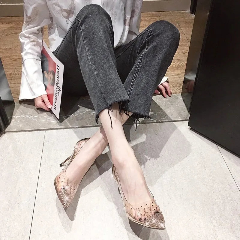 New Luxury Fairy Style Transparent High Heels Thin Heels Pointed Water Diamond Single Shoes Women's Crystal Wedding Shoes