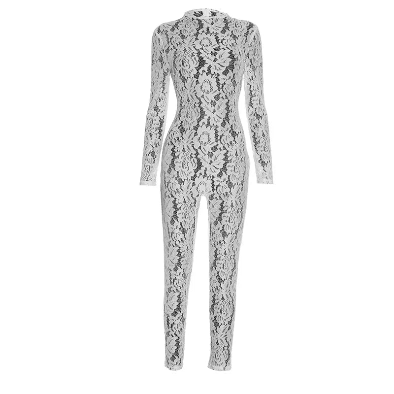 Fall Women's Jacquard Lace Jumpsuit Sexy See-Through Long Sleeve Back Zip Skinny Rompers Coquette Midnight Clubwear