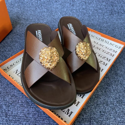 size38-48 original shoes brand summer leather slides for man black brown fashion shoes for mens slippers business beach slippers