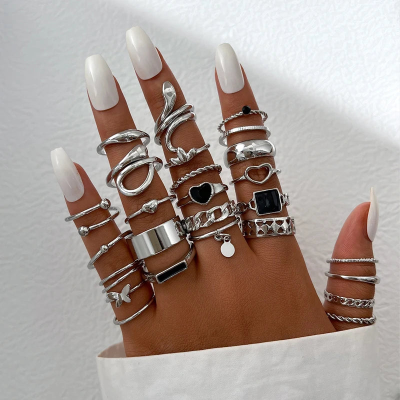 Boho Gold Color Rings Set For Women Fashion Cubic Zircon Heart Star Moon Flower Finger Rings Female Simple Trendy Jewelry Gifts