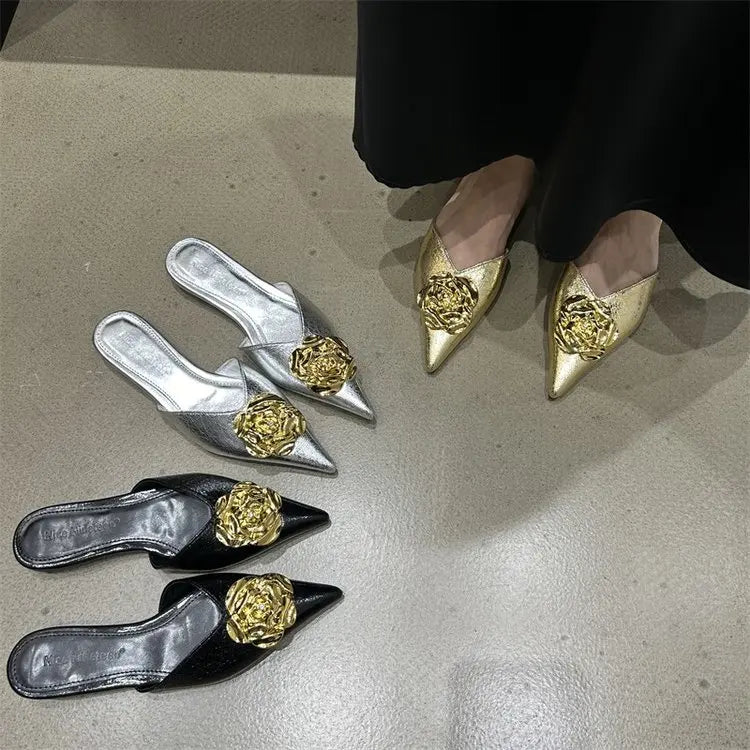 Women Flats Slippers Pointed Toe Elegant Mules Shoes Fad Slingback Sandals 2025 Summer New Luxury Flip Flops Mujer Slides