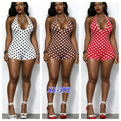 Polka Dot Retro Playsuit for Women Rompers Y2K Club Party Halter V-neck Backless Skinny One Pieces Jumpsuit Combishort Femme
