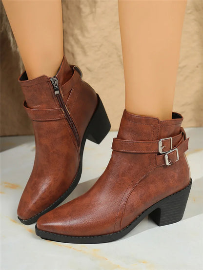 Retro Belt Buckle Women Short Ankle Boots Plus Size 43 Autumn Zipper Soft Leather Square Heel Ladies Pointed Toe Party Shoes New