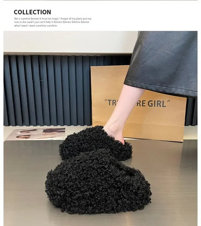 Thick Heel Luxury Lambwool Mules  Winter Shoes Woman Flip Flops Flat Cover Toe Slides Ins Warm Curly Lamb Fur Slippers Women