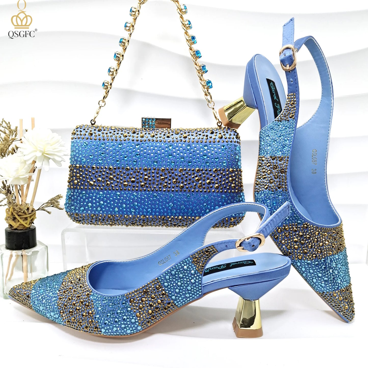 QSGFC Ladies High Quality Women's Pumps Black Gold Shoes and Bag Set DURABLE OUTSOLE Italian Fashion Design For Nigeria Wedding