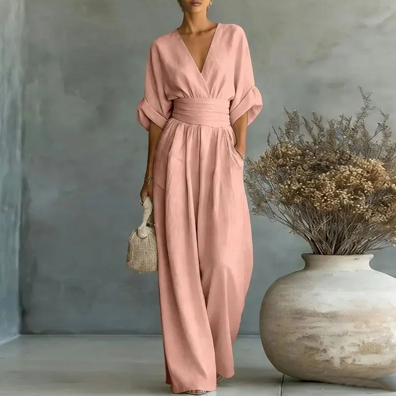 OL Style Solid High Waist Draped Jumpsuits Woman 2026 Spring V Neck Wide Leg Trousers Overalls Casual Half Sleeve Rompers Outfit