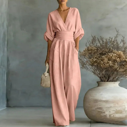 OL Style Solid High Waist Draped Jumpsuits Woman 2026 Spring V Neck Wide Leg Trousers Overalls Casual Half Sleeve Rompers Outfit