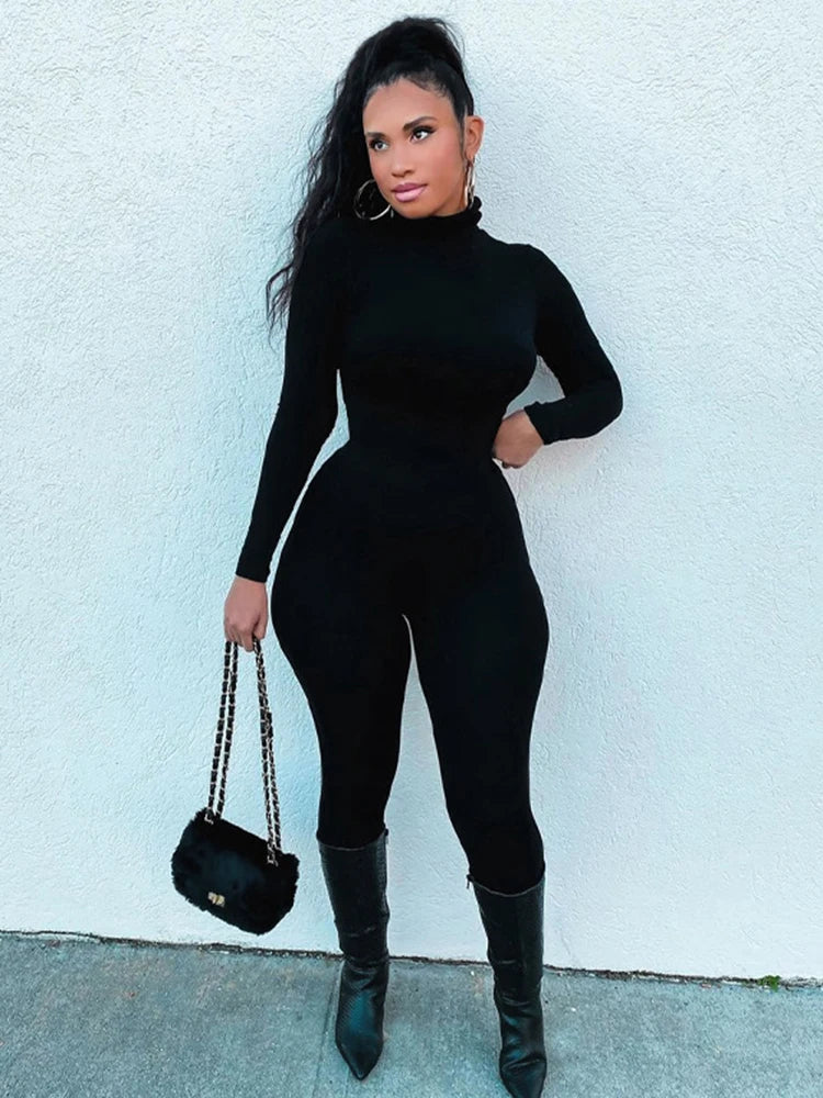 Hugcitar Fall Long Sleeve Solid Turtleneck Sexy Skinny Bodycon Jumpsuit Women Fashion Streetwear Sport Casual Romper Overalls
