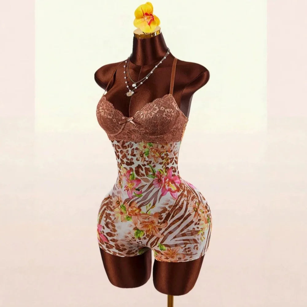 HLJ&GG Vintage Flowers Print Mesh Spaghetti Strap Bodycon One Piece Rompers Women V Neck Sleeveless Jumpsuits Fashion Overalls