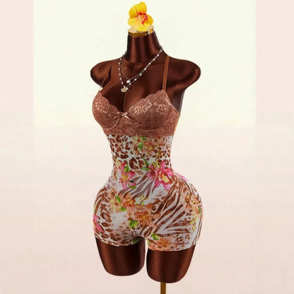 HLJ&GG Vintage Flowers Print Mesh Spaghetti Strap Bodycon One Piece Rompers Women V Neck Sleeveless Jumpsuits Fashion Overalls