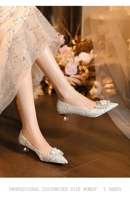 New Designer Low Heel Wedding Shoes Luxury Pearl Water Diamond Decoration Banquet Women's Shoes High Heel Women's Singles Shoes