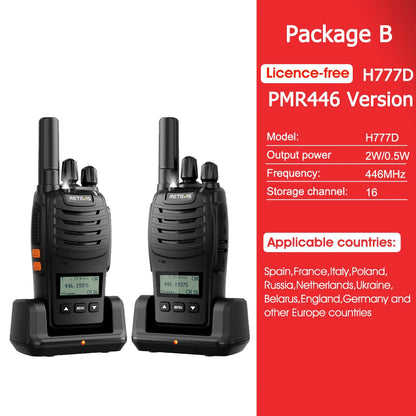 Retevis H777D Walkie Talkie PMR446 Portable License-Free LCD Display Radio Long Range Type-C Camping Use