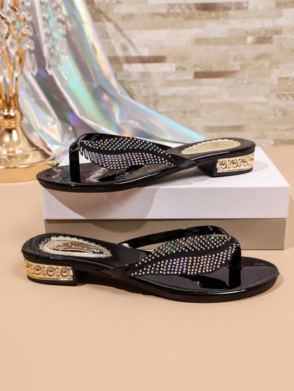 Luxury Rhinestone Leaf Flip Flops Woman Summer 2026 Gold Silver Crystal Low Heel Sandals Women Soft Bottom Lightweight Shoes 43