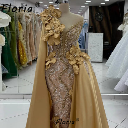 Luxury Gold Wedding Dress Beaded Crystal Appliques 3D Flowers Bride Party Gowns Prom Customized African Woman Vestidos de Gala