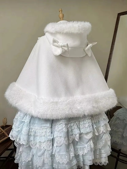 Winter  New Lolita Shawl Overcoat Women Design Bow Hooded Patchwork Kawaii Cope Coat Female Warm Chic Sweet Fur Collar Coat