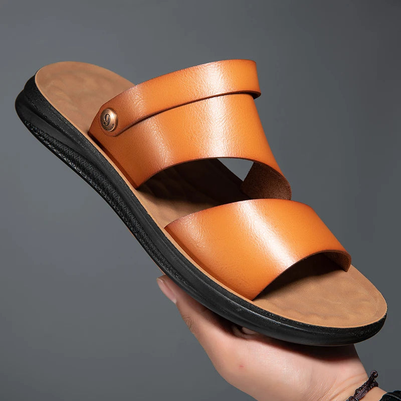Male Luxury Sandals Male Leather Classic Men Slippers Beach Shoes Comfortable Walking Roman Sandals Outdoor Mens Slip on Shoes