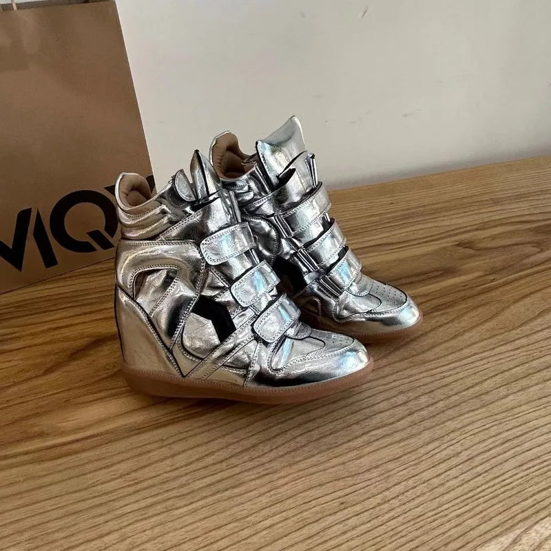 Women's Ankle Boots 2026 New Genuine Leather 8CM Hidden Heel Women Platform Sneakers Fashionable Splice Color Design Women Shoes