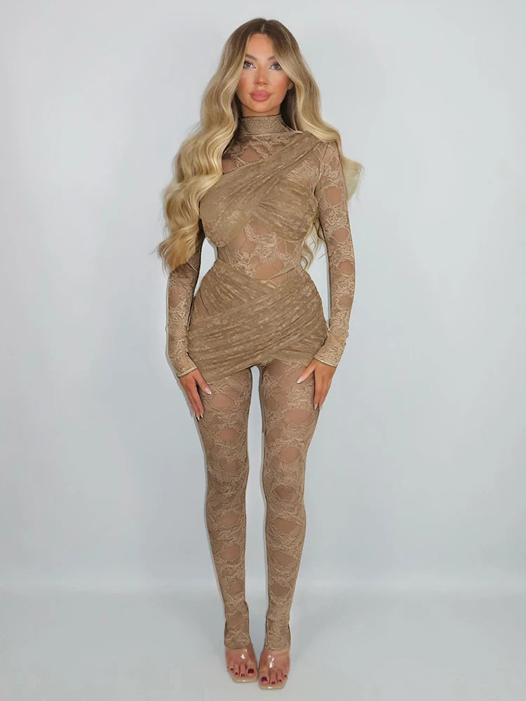 Weird Puss Backless Jumpsuit Women Coquette Jacquard Patchwork Cross Bandage Midnight Stretch Full Sleeve Club Activity Overalls