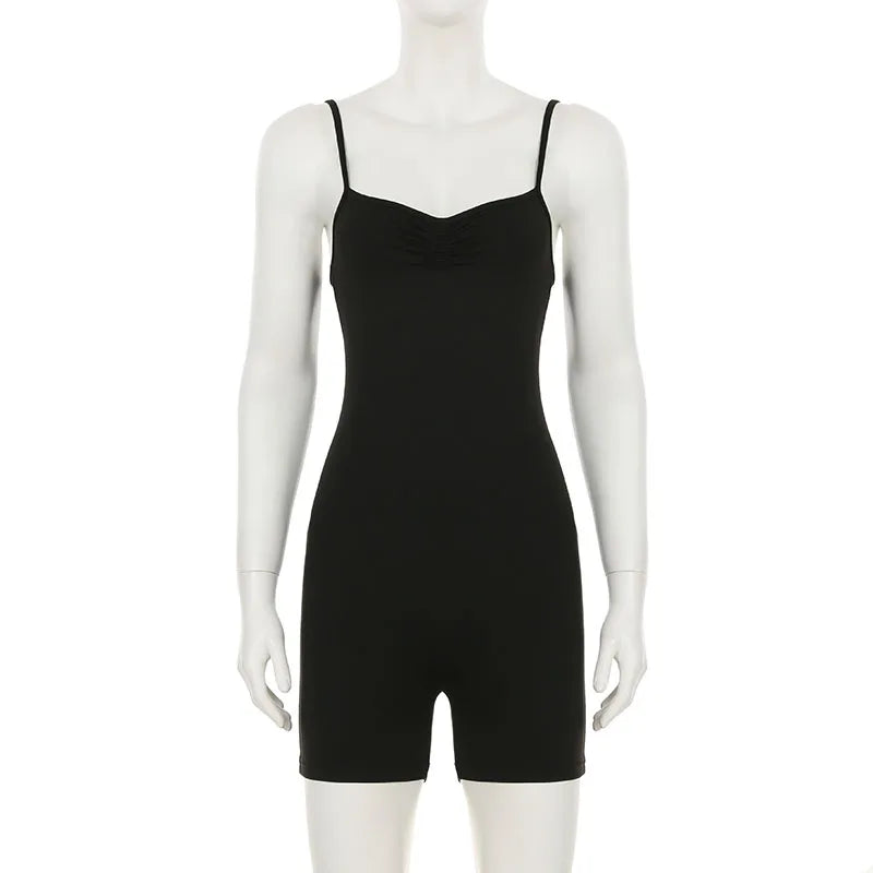 SUCHCUTE Women Black Sleeveless Short Playsuits Sexy Yoga One-piece Suit Sport Fitness Short Jumpsuits Summer Casual Bodysuits
