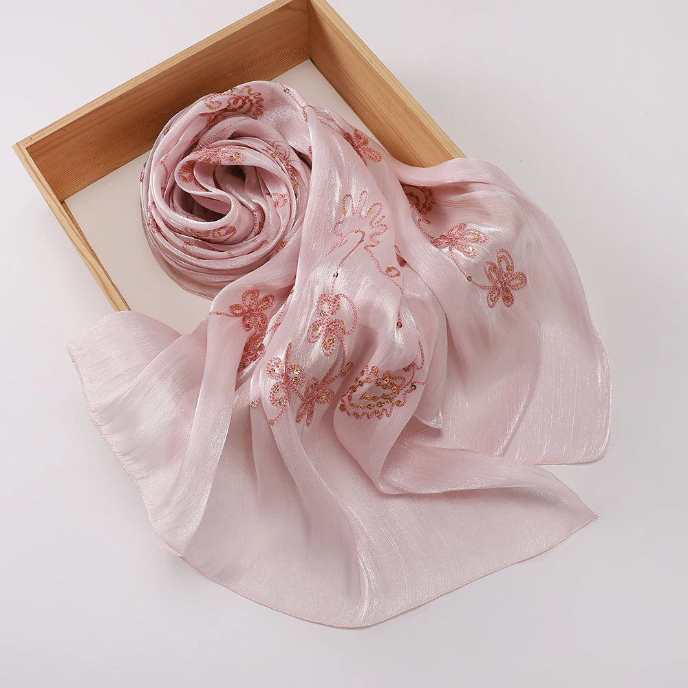 Elegant Embroidery Glitter Shimmer Hijab Shawl Pleated Glitter Chiffon Shawl Lightweight Crinkle Flowy Plain Hijab Scarves