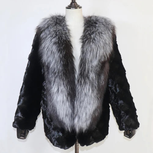 Women Winter Real Mink Fur Caot With Fox Fur Collar Natural Warm Mink Fur Jacket Lady Fashion 100% Real Mink Fur Overcoat