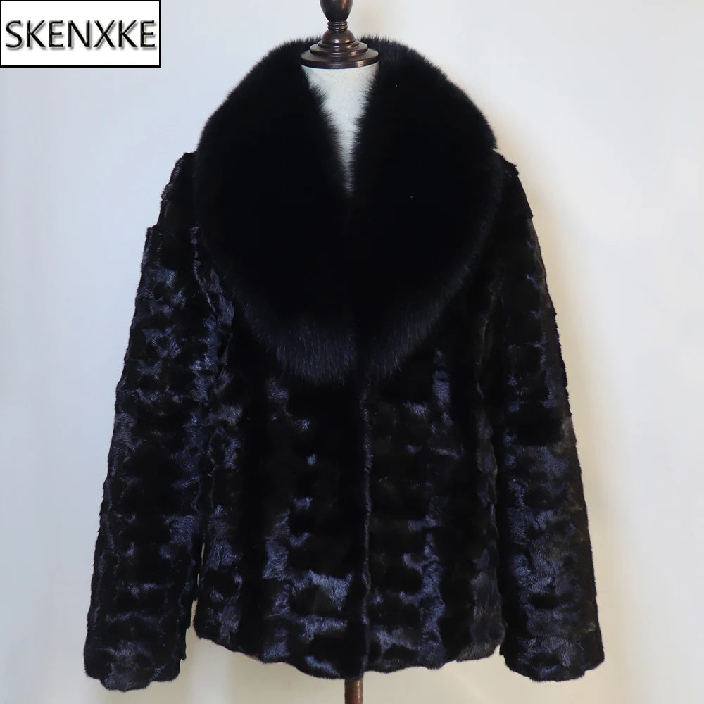 New Women Winter Real Fur Coat Warm Fashion 100% Natural Mink Fur Jacket with Fox Fur Collar Lady Thick Real Mink Fur Overcoat