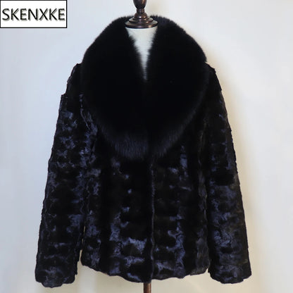 New Women Winter Real Fur Coat Warm Fashion 100% Natural Mink Fur Jacket with Fox Fur Collar Lady Thick Real Mink Fur Overcoat