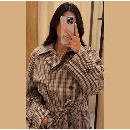Plaid Cropped Trench Coat Lapel Collar Double Breasted Belted Waist Long Sleeve Women All-match Coats 2026 Autumn Commute Outfit
