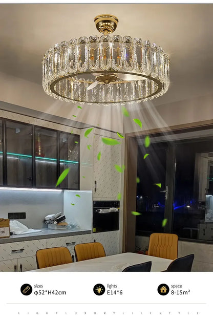 Nordic Luxury Crystal Ceiling Fan Light Modern Minimalist Dining Room Hotel Pendant Lights Living Room Bedroom Silent Fan lamp