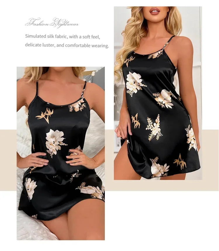 Ladies Sexy Sling Nightgown Nightdress Women's Sexy Lingerie Silk Satin Sleepwear Floral Pinting Nightwear Homewear Mini Dress