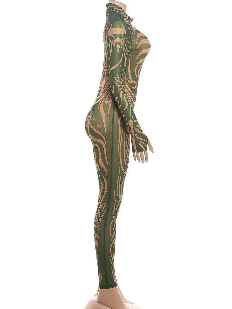 Weird Puss Sexy Striped Print Jumpsuits Women Wild Style Turtleneck Full Sleeve Midnight Party Club Stretch Streetwear Overalls