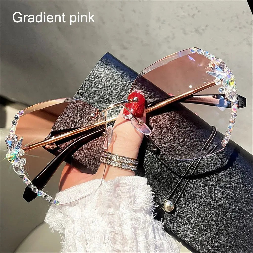 Vintage Cutting Lens UV400 Women Sun Glasses Gradient Rimless Sunglasses Rhinestone Sunglasses