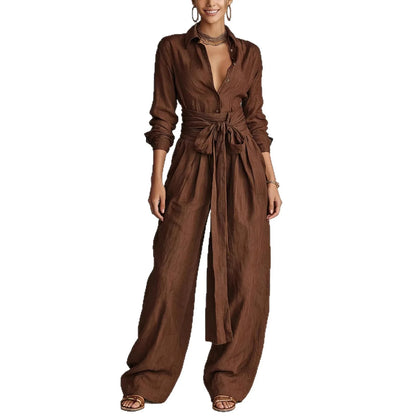 Women Brown Jumpsuit  Outfit Lapel Long Sleeve Button Shirt High Waist Belt Tie Wide Leg Pants Elegant Office Vacation Jumpsuits