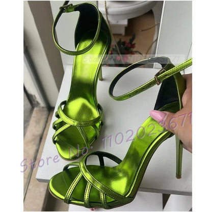 Green Metallic Party Sandals With High Heels Female Elegant Open Toe Cross Strap Sandal Luxury Women Summer Casual Stylish Shoes