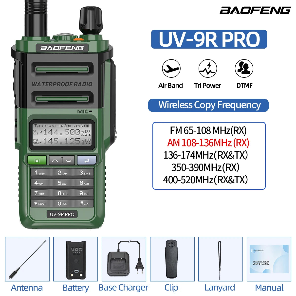 Baofeng UV-9R PRO Walkie Talkie IP68 Waterproof Full Band Wireless Copy Frequency 128CH AM FM Type-C Long Range Two Way Radio